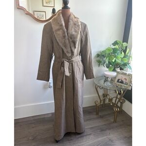 Vintage Eric Ryan‎ Sport Tweed Maxi Coat Faux Fur Collar Brown Size 10